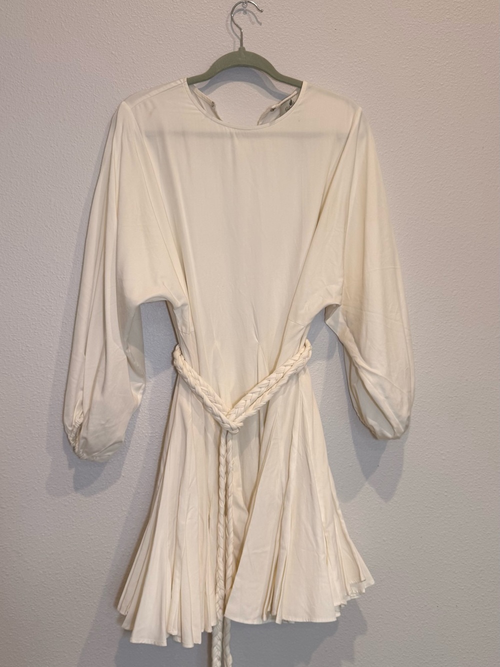 Women's Cream Long-Sleeve Pleated Mini Dress with Braided Belt